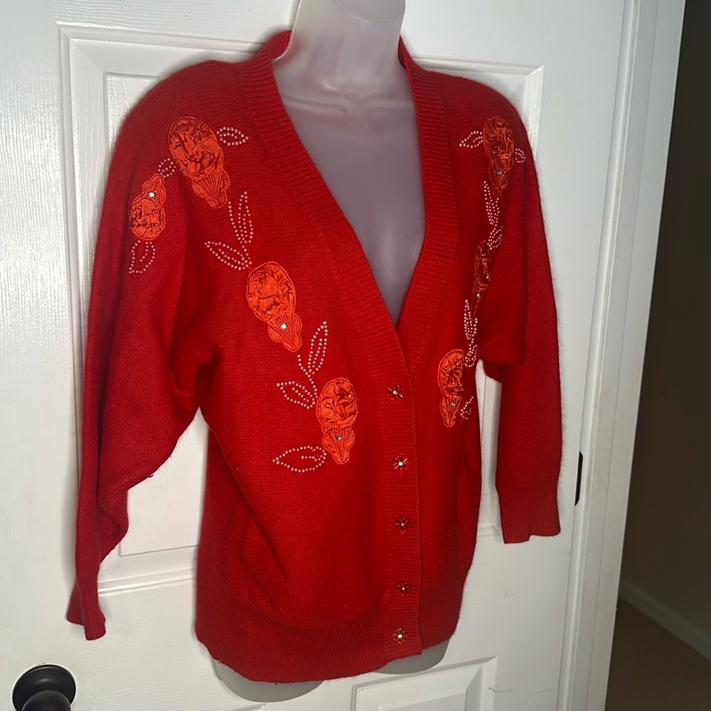 Carducci Red Vintage Beaded Lambswool & Angora Cardigan Sweater